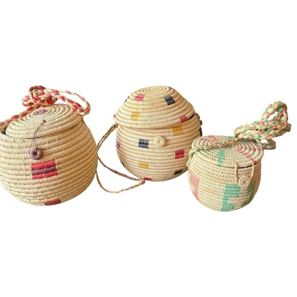 Baskets Round Pair Woven Lid Long Straps & added 3 more! (5 total)